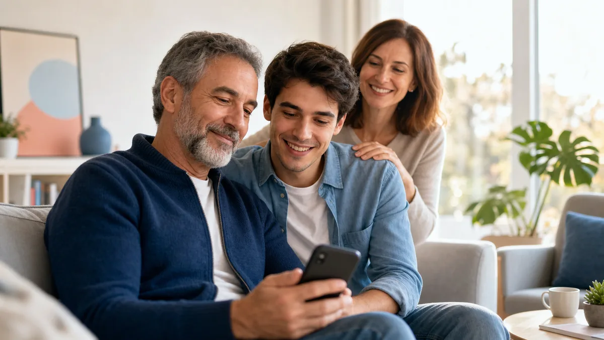 Família reunida em casa olhando um aplicativo de saúde no celular